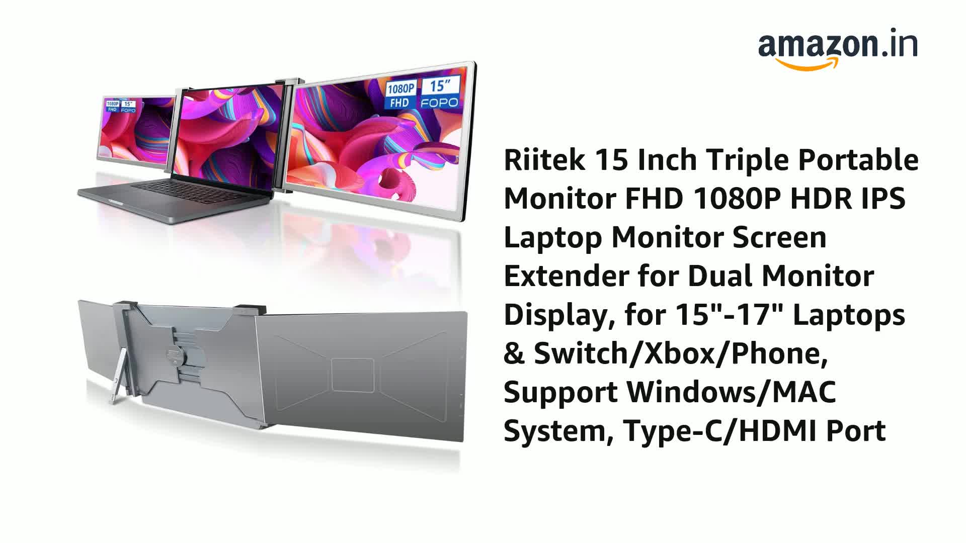 Riitek 15 Inch Triple Portable Monitor FHD 1080P HDR IPS